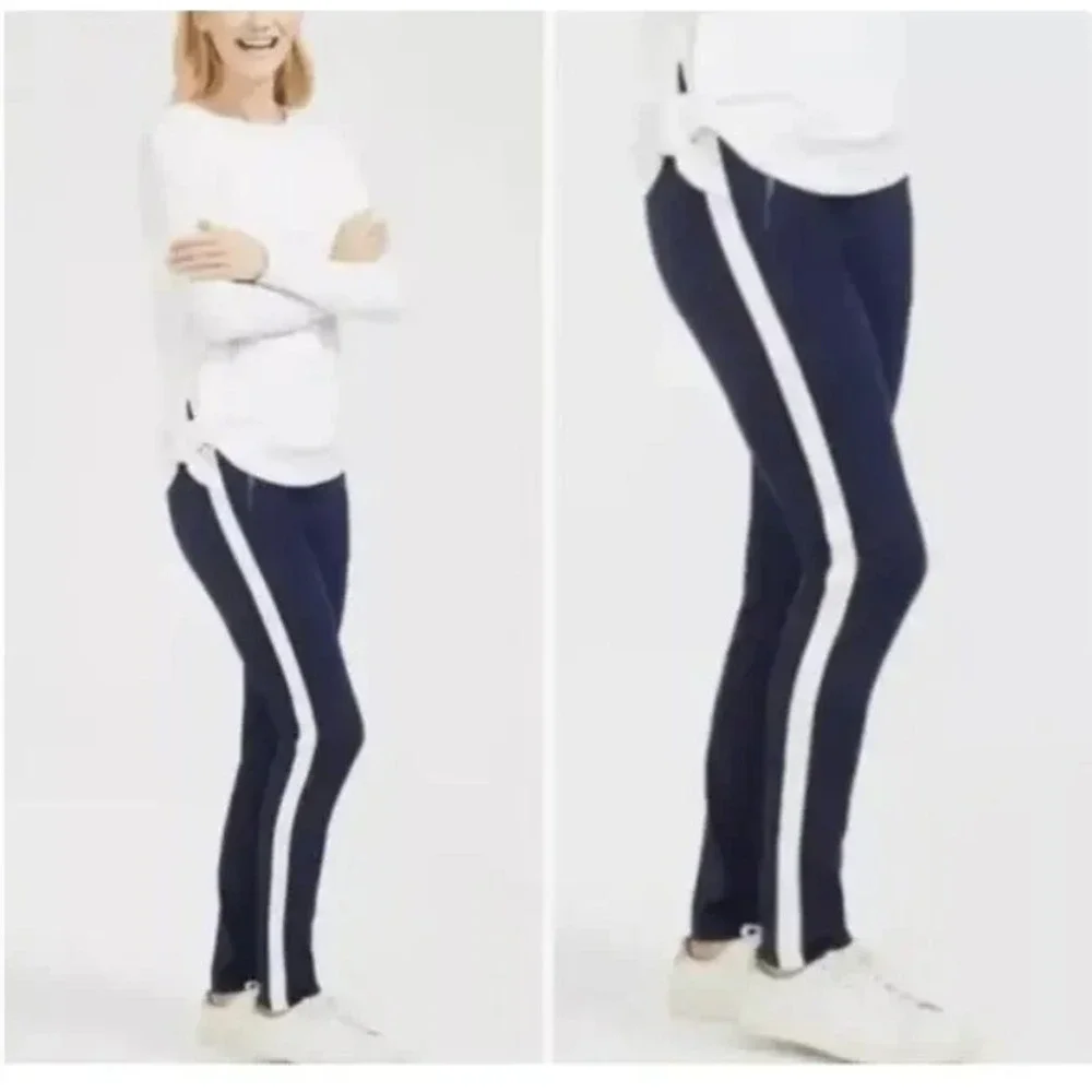 J.McLaughlin Tapered Ponte Knit Pants Size 10‎  Navy Blue Side Stripe Sporty